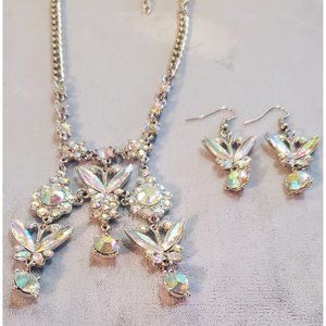 Stunning Silver Tone Necklace And Earring Set Faceted AB Rhinestone Jewelry Set